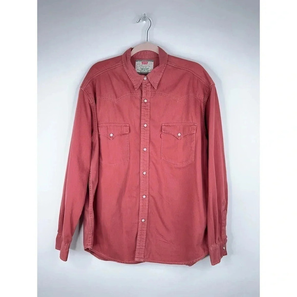 Vintage Levi's Pearl Snap Western Button Up Shirt Red Long Sleeve 90s Size XL - Picture 1 of 13